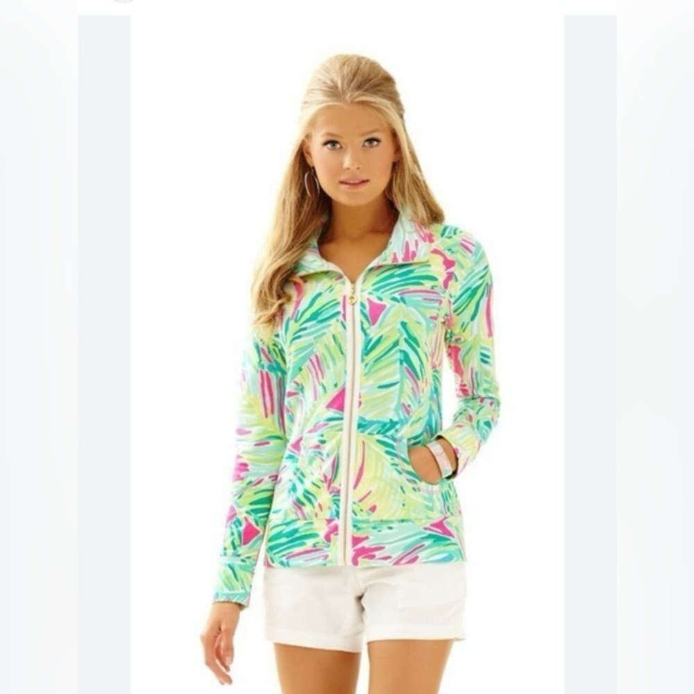 Lilly Pulitzer Leona UPF 50+ Zip Jacket Tropical Storm Green Pink Palm Leaves M